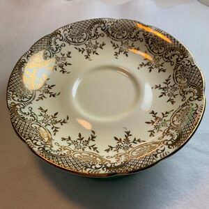 Vintage English Saucer – Gold Filigree & Floral Motif (5.5”)